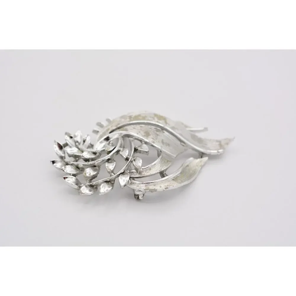 Lisner Vintage Leaf Pin Brooch Floral Textured Silver Shiny Chunky Signed Bin5A